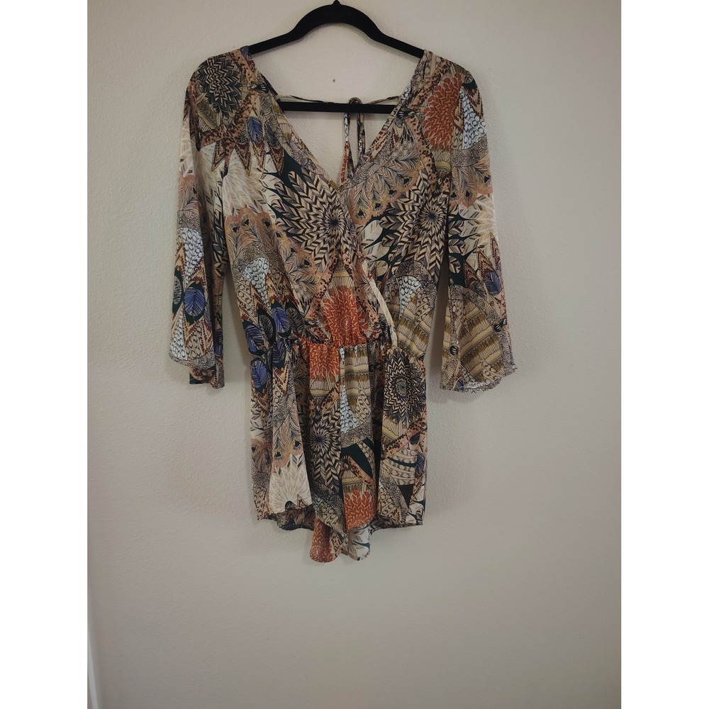 TCEC Womens Boho Geometric Print Surplice Romper Bell Sleeve Multi Color Medium
